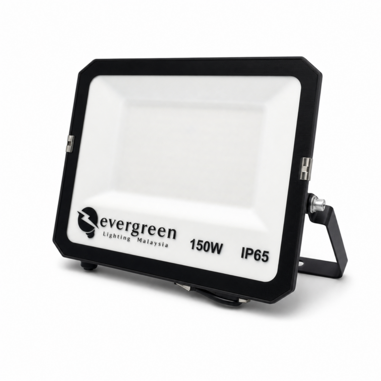 Evergreen 150W Slim LED Flood Light Daylight Black Body three-quarter side studio product photo on white background