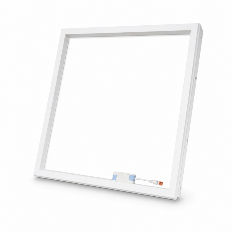 595 x 595 Recessed LED Panel Frame Light 40W three-quarter side studio product photo on white background