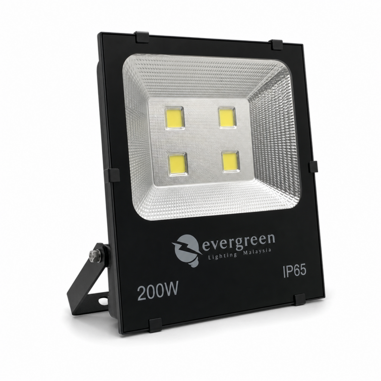 Evergreen 200W COB LED Flood Light three-quarter side studio product photo on white background