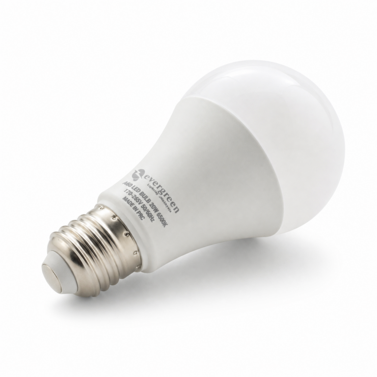 Evergreen A60 LED Bulb three-quarter side studio product photo on white background