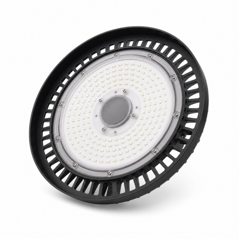 Evergreen UFO LED High Bay Fitting three-quarter side studio product photo on white background