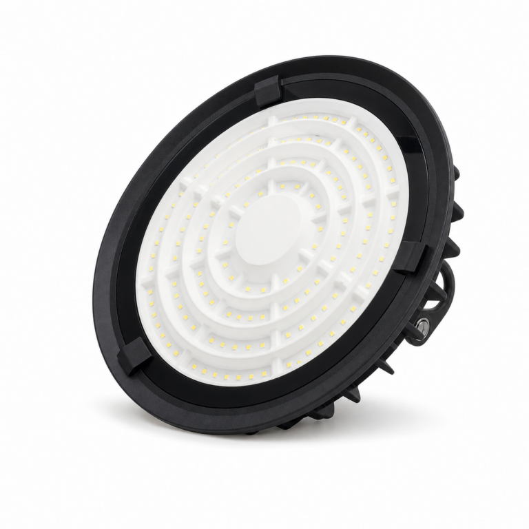 Highbay Fitting UFO LED IP65 three-quarter side studio product photo on white background
