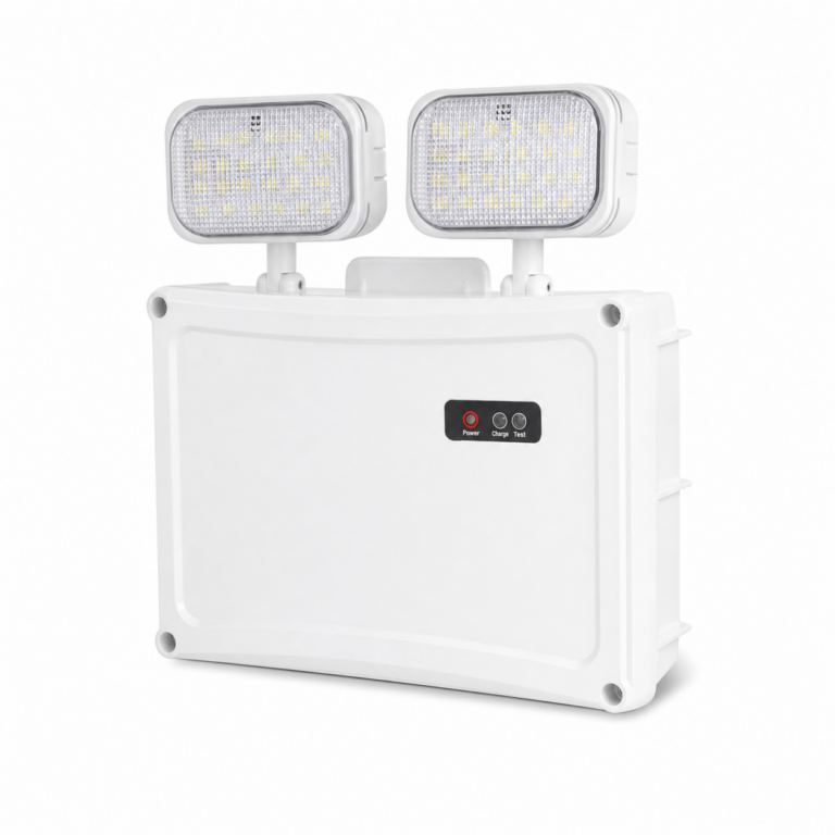LED Emergency Light Two Spot IP65 three-quarter side studio product photo on white background