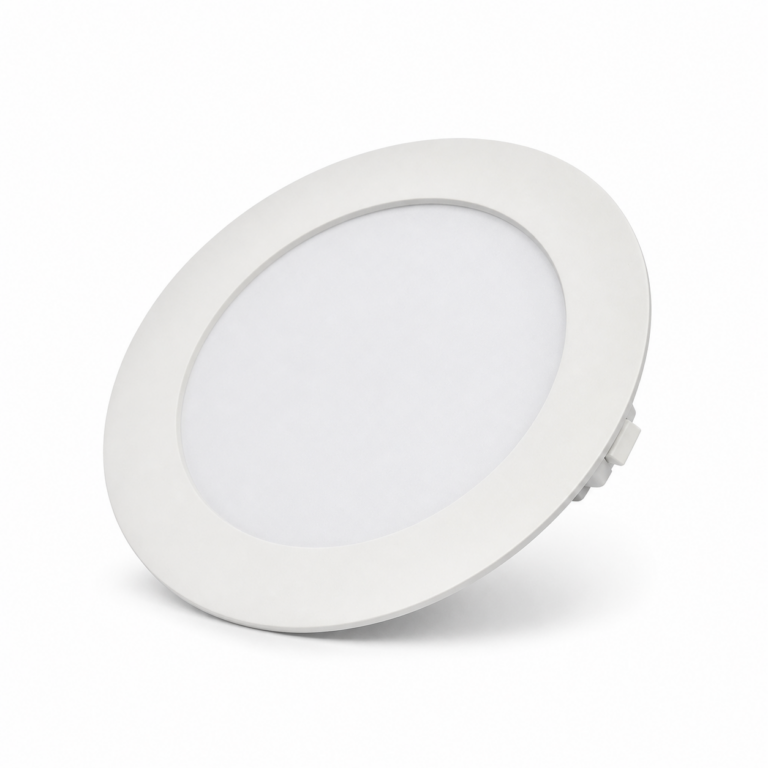 LED Slim Panel Backlit Recess Light - Round three-quarter side studio product photo on white background