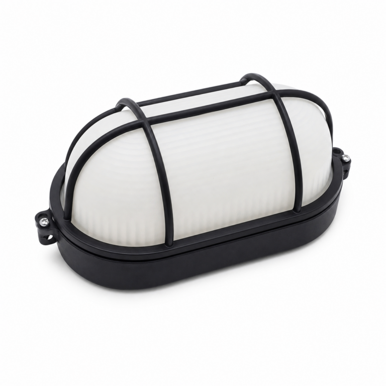 Oval Bulkhead Grill Cover Light Fitting with E27 Holder three-quarter side studio product photo on white background