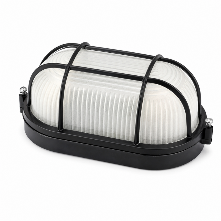 Oval Bulkhead Grill Light with E27 Holder three-quarter side studio product photo on white background