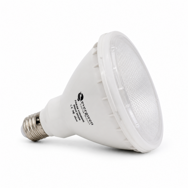 PAR38 18W E27 Warm White LED Bulb three-quarter side studio product photo on white background