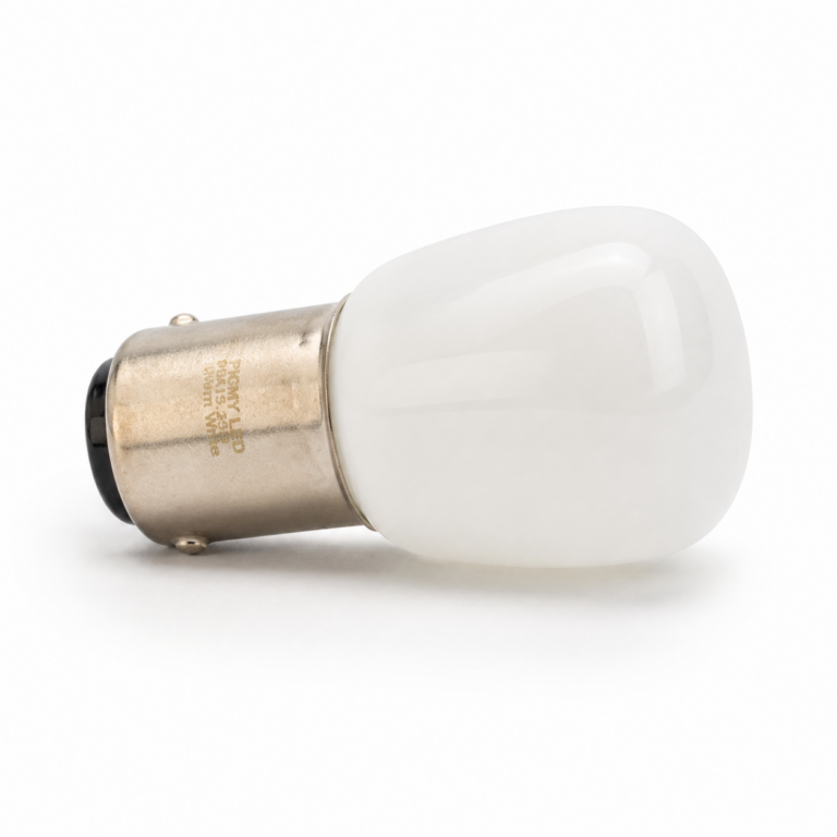 Pigmy LED BA15 Warm White Frosted Glass Bulb three-quarter side studio product photo on white background