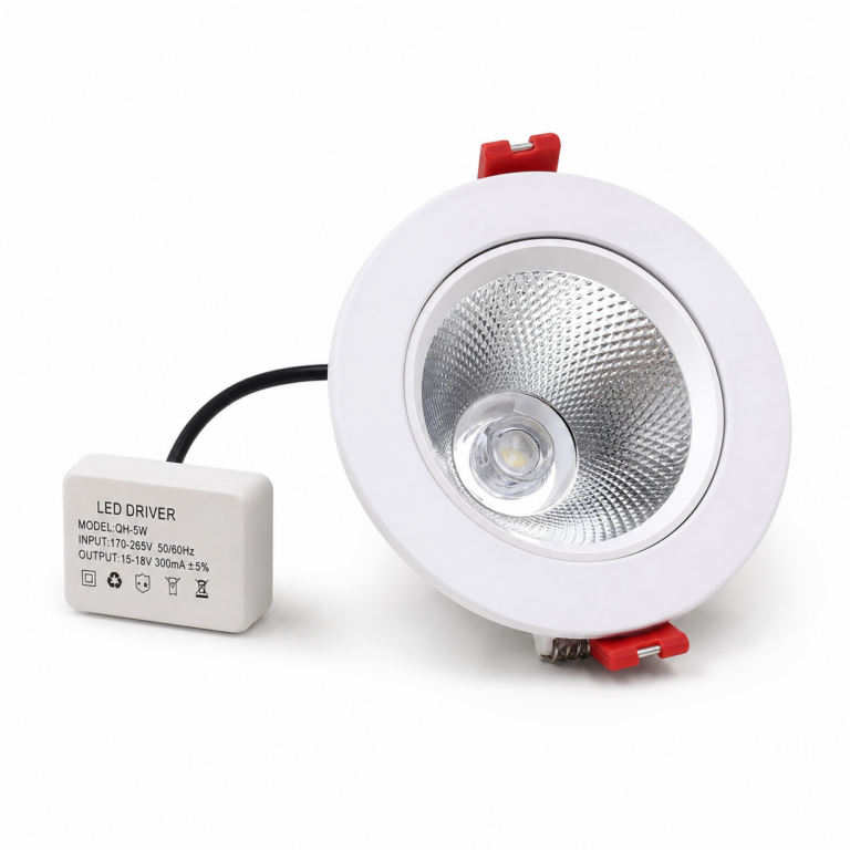 Recessed Round LED Downlight Fitting three-quarter side studio product photo on white background