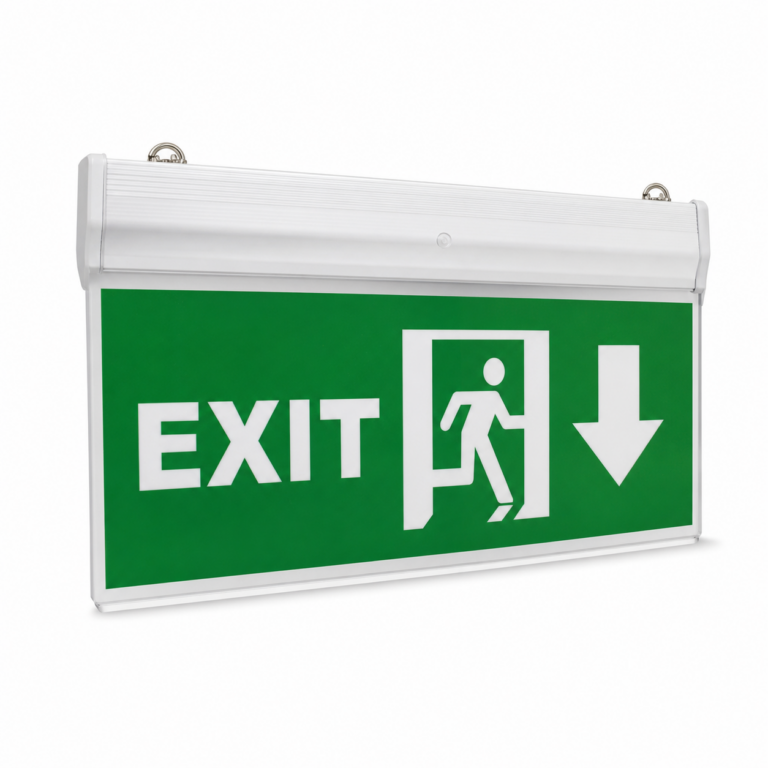 Rechargeable LED Exit Sign Board three-quarter side studio product photo on white background