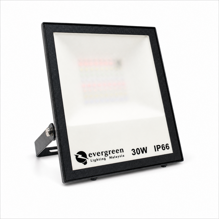 RGB LED Flood Light Slim Type three-quarter side studio product photo on white background