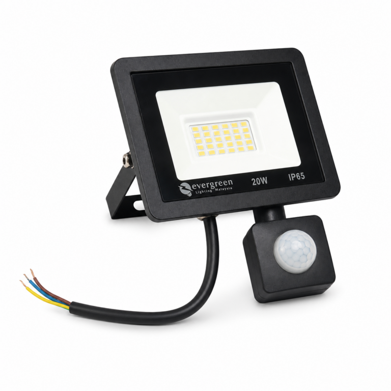 Sensor LED Flood Light with PIR Sensor three-quarter side studio product photo on white background