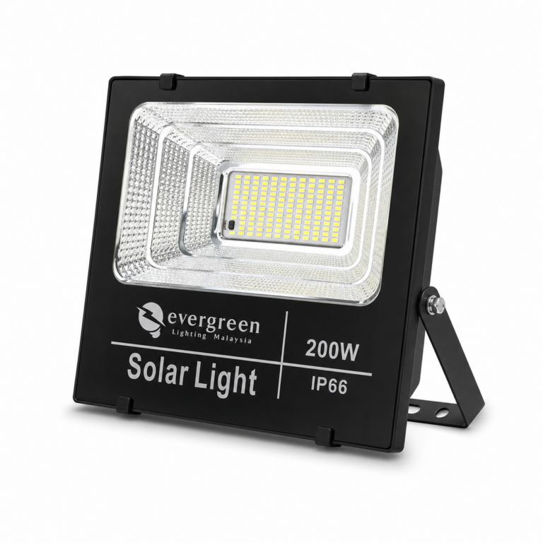 Solar LED Flood Light 200W with Sensor three-quarter side studio product photo on white background