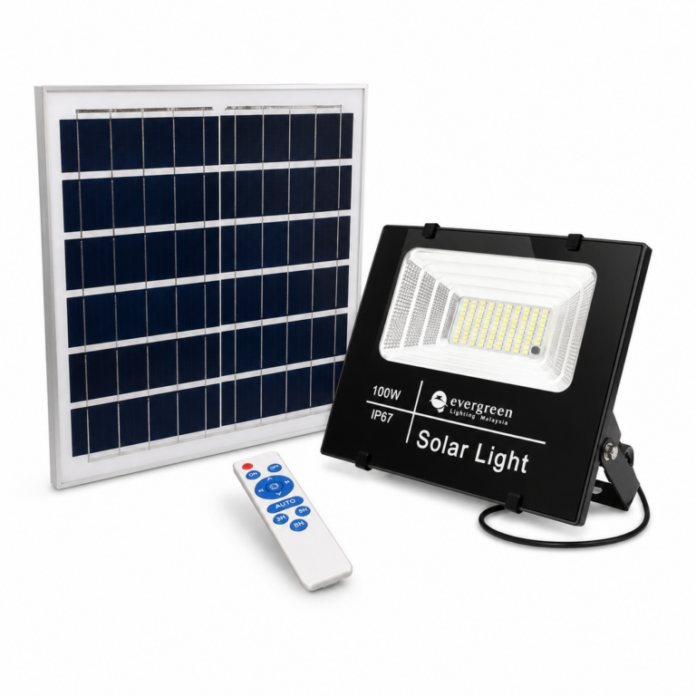 Solar LED Flood Light IP67 100W with PIR Sensor three-quarter side studio product photo on white background