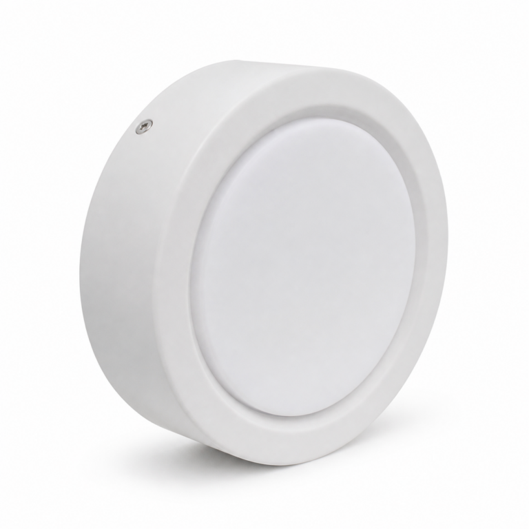 Surface Mounted Round SMD LED Downlight Fitting three-quarter side studio product photo on white background