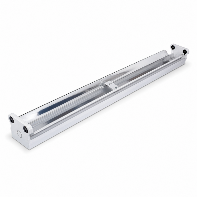 T8 4ft Double Tube Light Batten with Aluminium Reflector three-quarter side studio product photo on white background