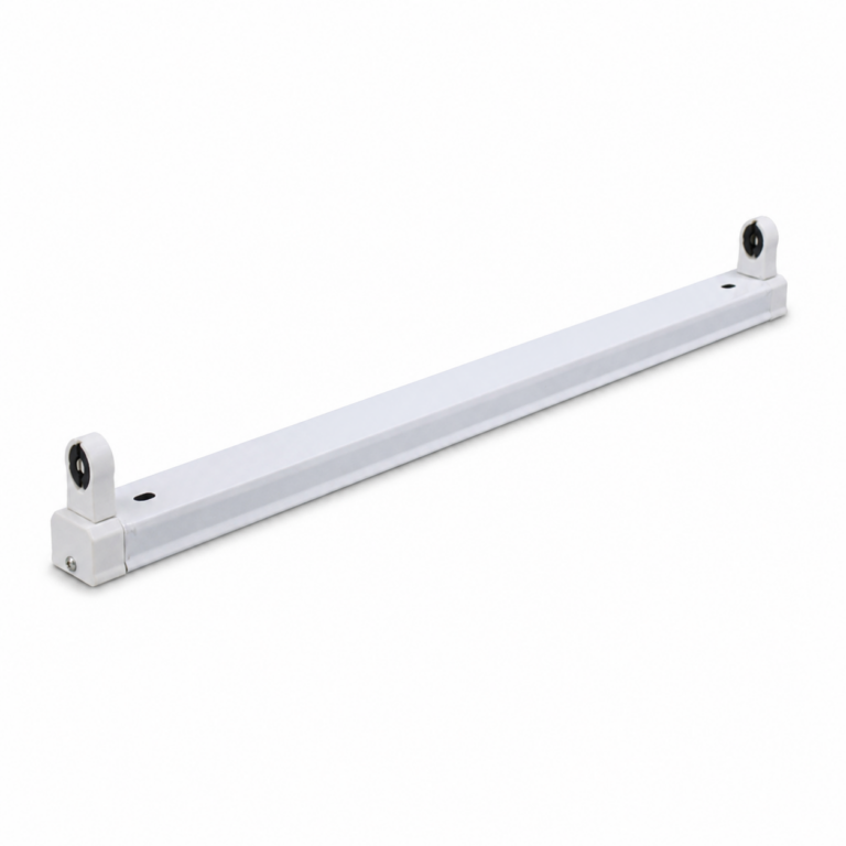 Evergreen T8 4FT Slim Batten Tube Light Fitting three-quarter side studio product photo on white background